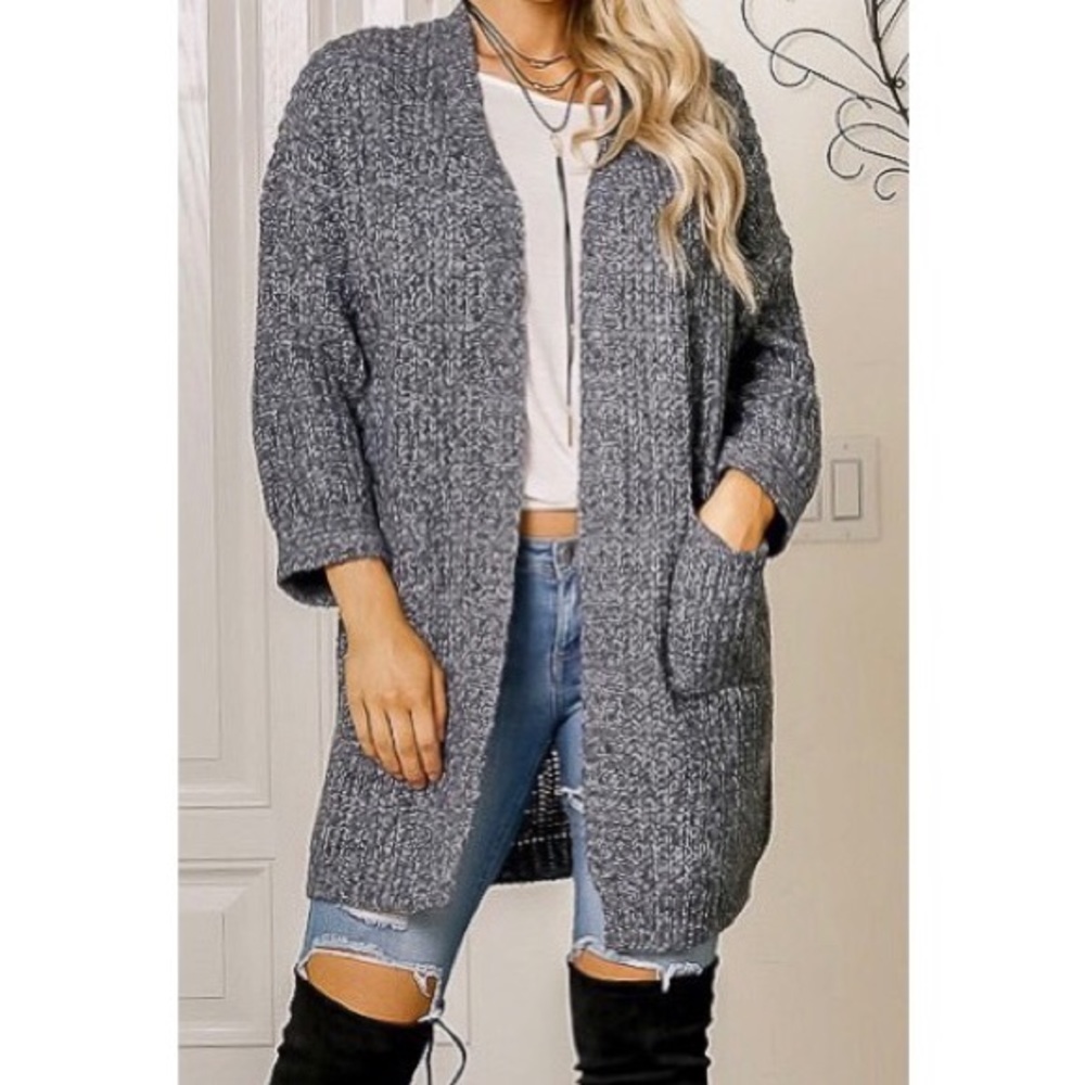 Gray Thick Knit Cardigan Sweater w/ Front Pockets - Picture 4 of 4